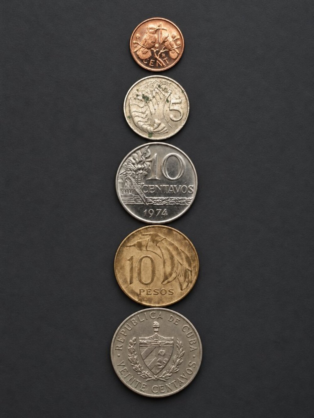 Set of 5 World Coins ~ Brazil, Uruguay, Virgin Islands, Cayman Islands, Cuba